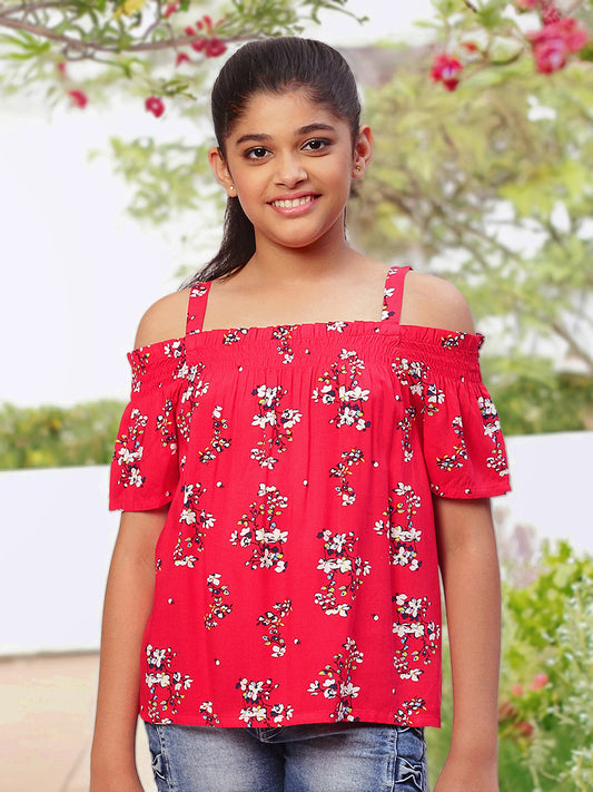 Girls Cold Shoulder Top in Red Printed Rayon