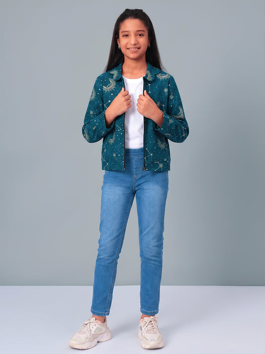 Girls Grey Printed Flannel Jacket