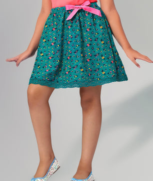Girls Green Printed Flared Skirt