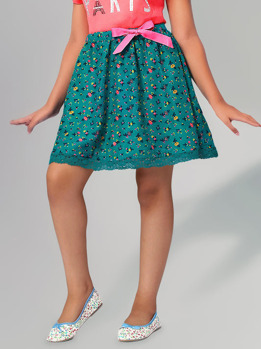 Girls Green Printed Flared Skirt