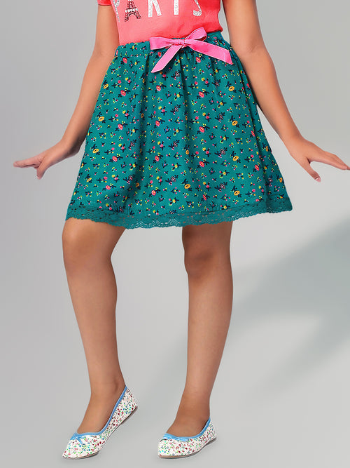 Girls Green Printed Flared Skirt