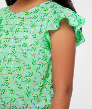 Girls Sea Green Printed Cotton