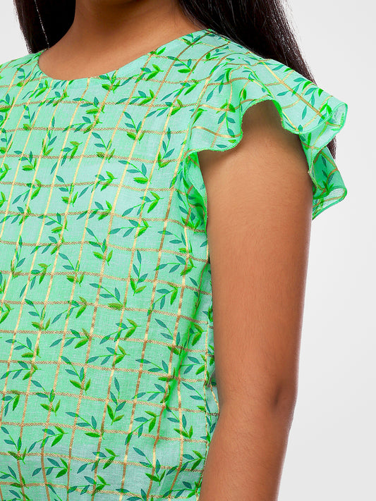 Girls Sea Green Printed Cotton