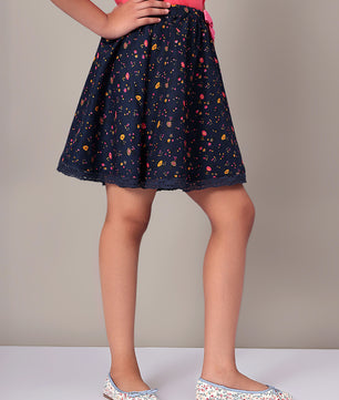 Girls Blue Printed Flared Skirt