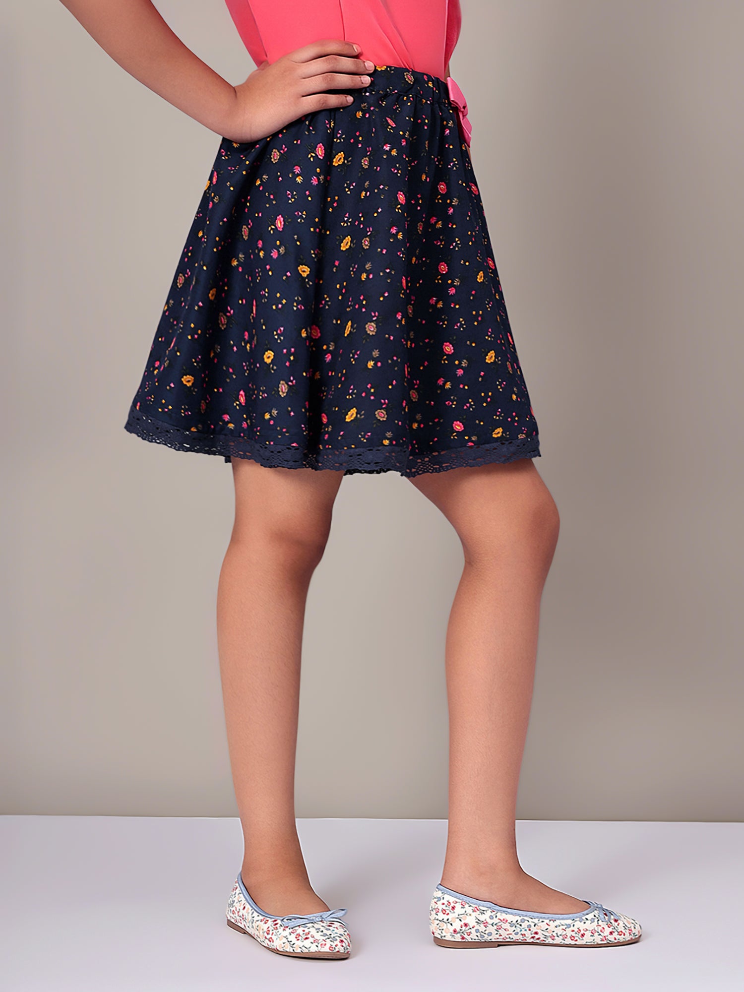 Girls Blue Printed Flared Skirt