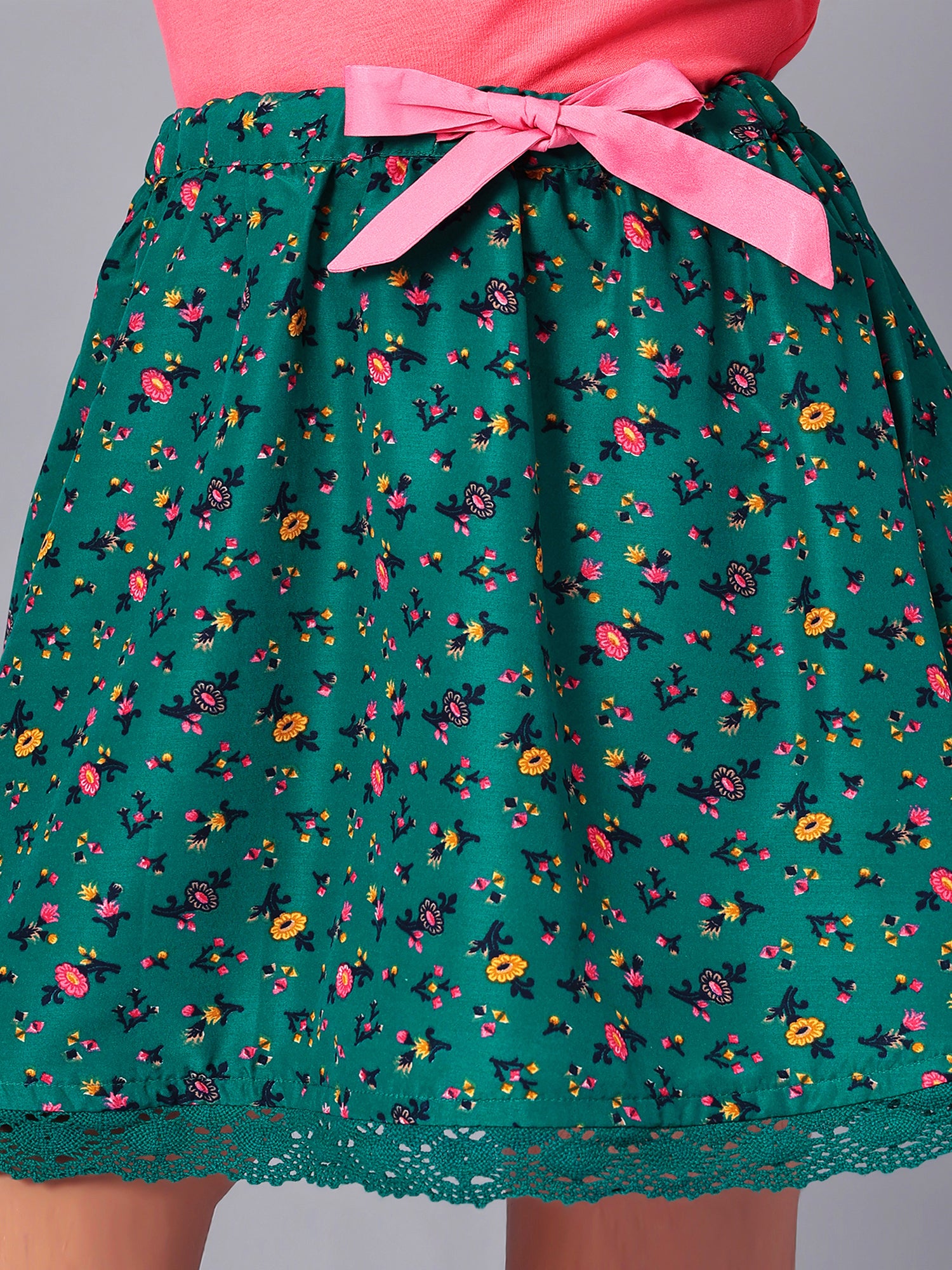Girls Green Printed Flared Skirt