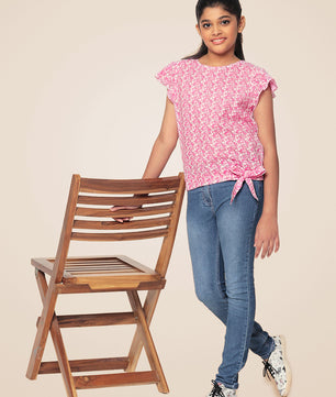 Girls Pink Printed Cotton Top