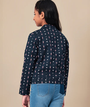 Girls Navy Blue Printed Flannel Jacket