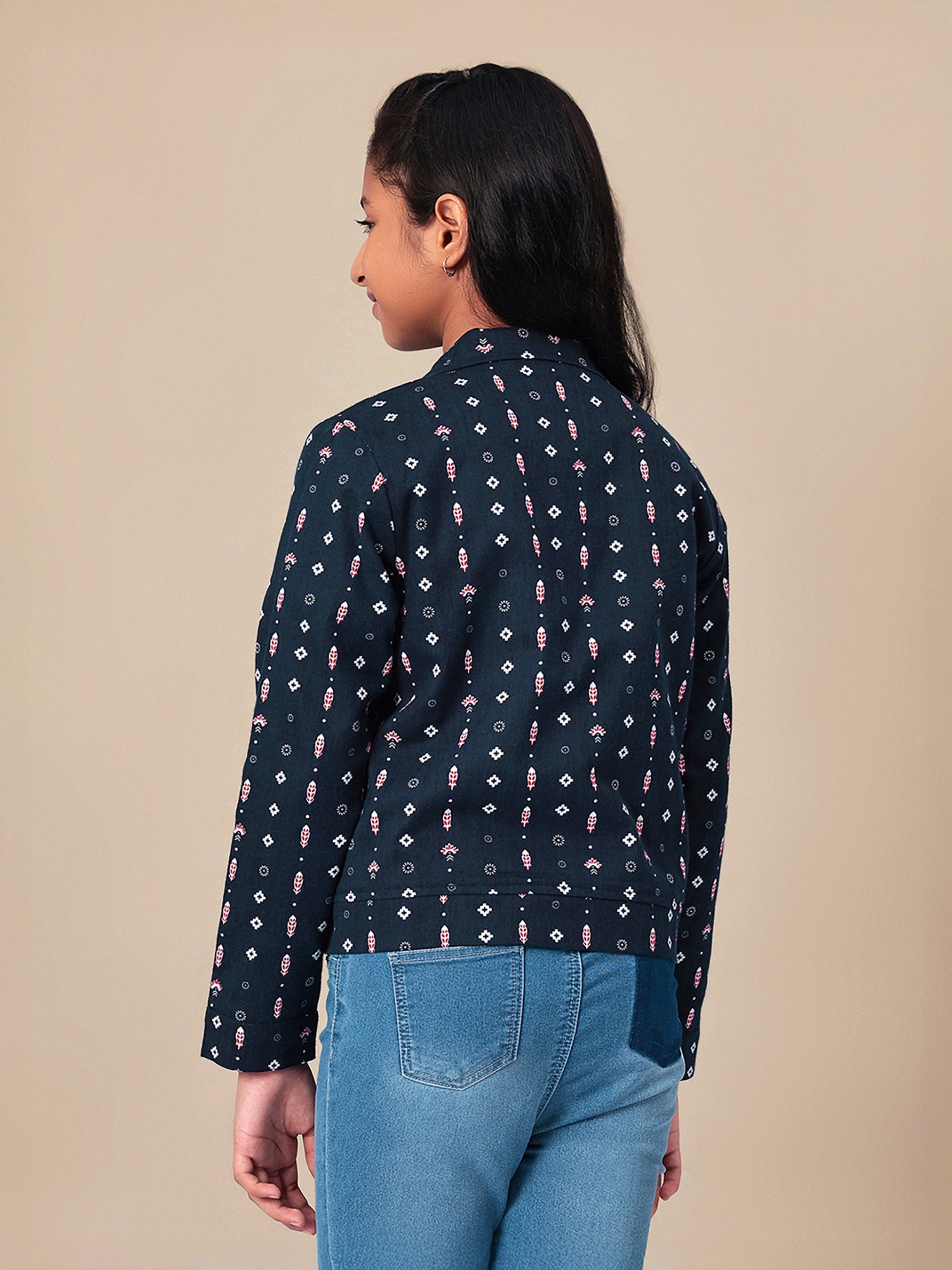 Girls Navy Blue Printed Flannel Jacket