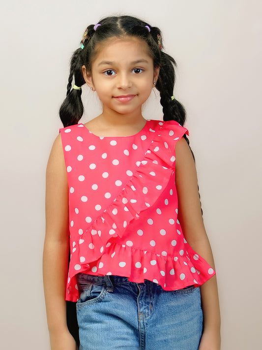 Girls Pink Polka Dotted Georgette Top