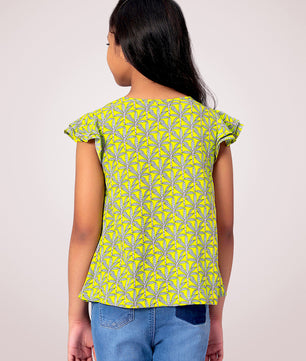 Girls Lemon Yellow Printed Cotton Top