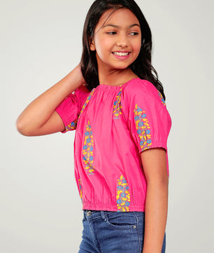 Girls Pink Printed Cotton Top
