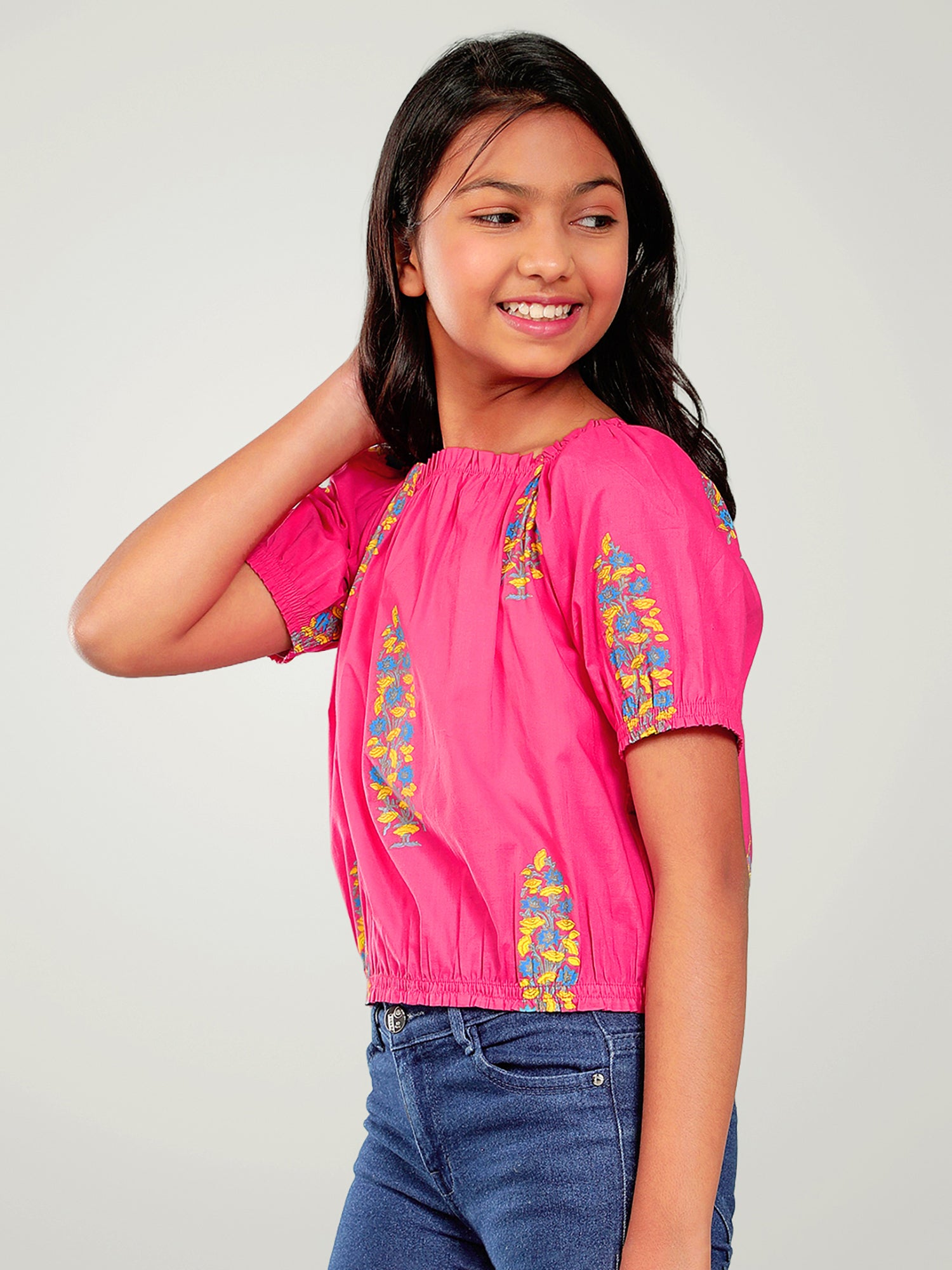 Girls Pink Printed Cotton Top