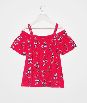 Girls Cold Shoulder Top in Red Printed Rayon