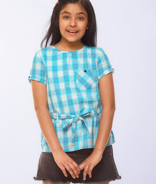 Girls Turquoise Blue Checked Cotton Top