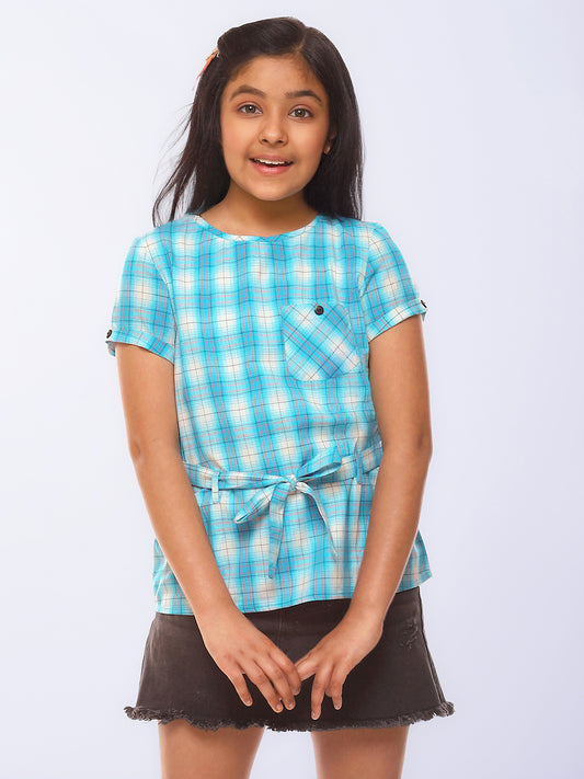 Girls Turquoise Blue Checked Cotton Top