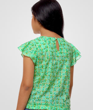Girls Sea Green Printed Cotton