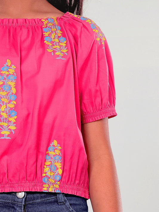 Girls Pink Printed Cotton Top