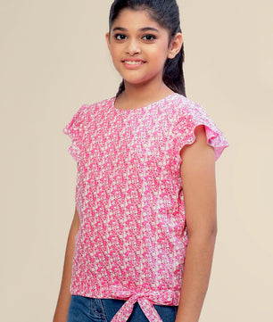 Girls Pink Printed Cotton Top