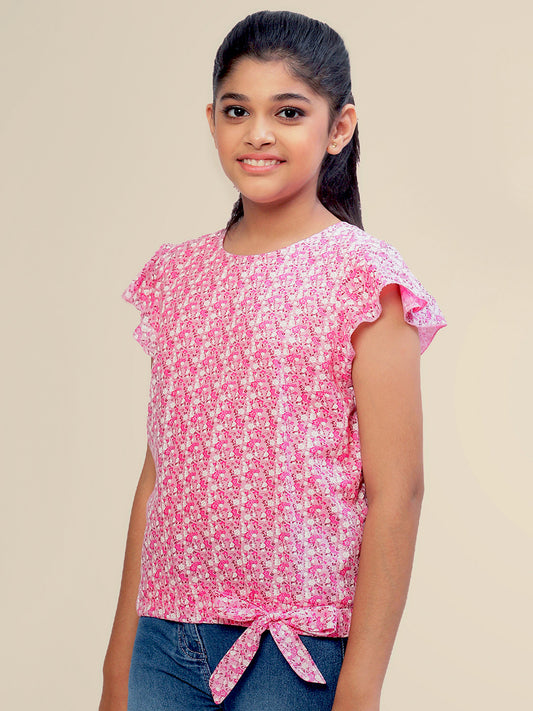 Girls Pink Printed Cotton Top