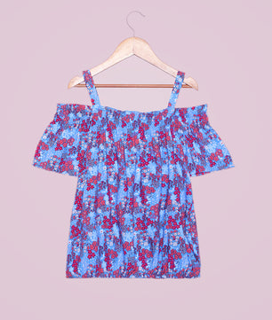 Girls Cold Shoulder Top in Blue Printed Rayon