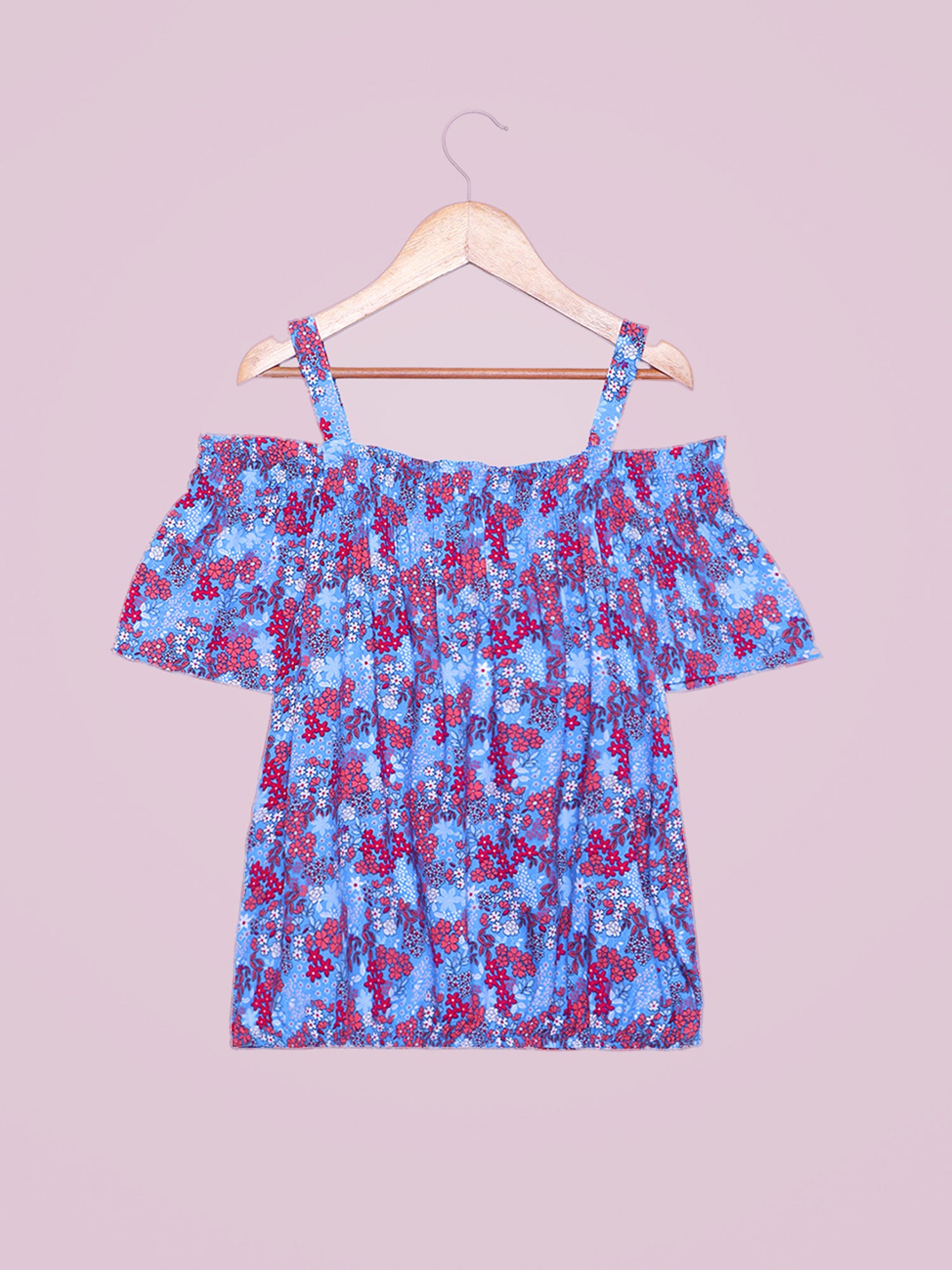 Girls Cold Shoulder Top in Blue Printed Rayon