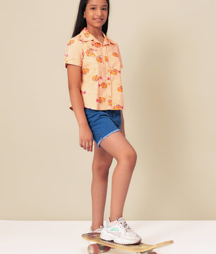 Girls Shirt Style Short Sleeves Printed Cotton Top