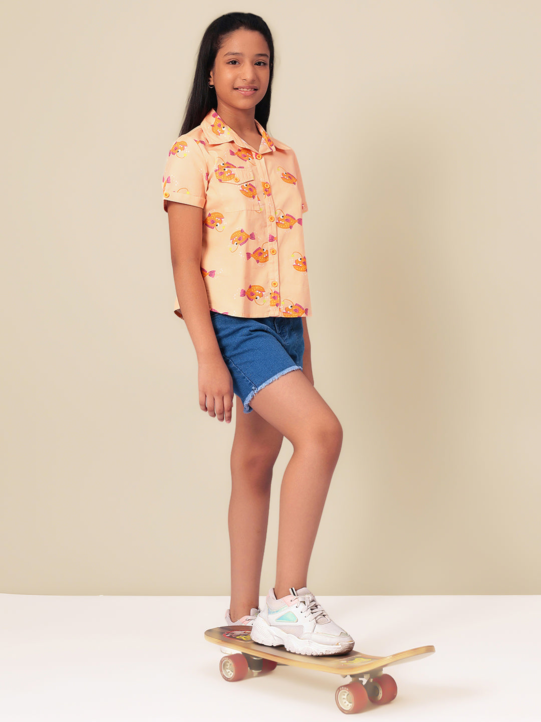 Girls Shirt Style Short Sleeves Printed Cotton Top