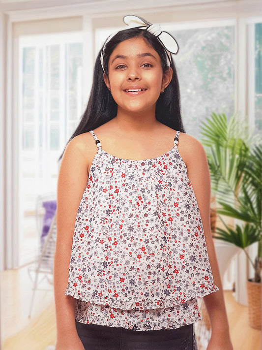 Girls White Printed Georgette Top