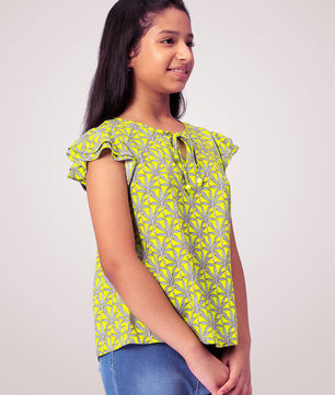 Girls Lemon Yellow Printed Cotton Top