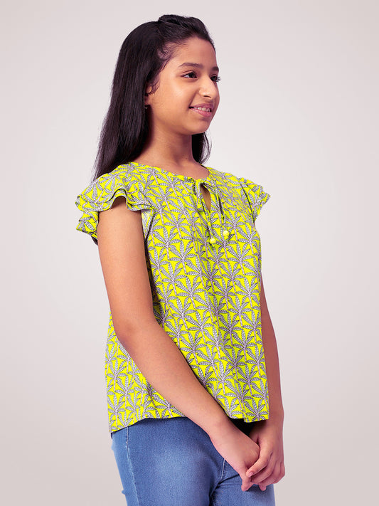 Girls Lemon Yellow Printed Cotton Top