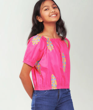 Girls Pink Printed Cotton Top