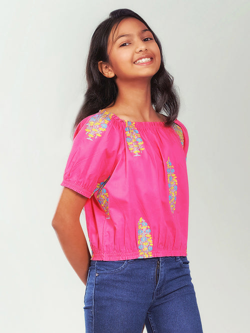 Girls Pink Printed Cotton Top