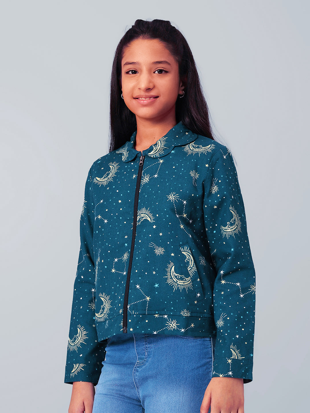 Girls Grey Printed Flannel Jacket