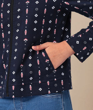 Girls Navy Blue Printed Flannel Jacket