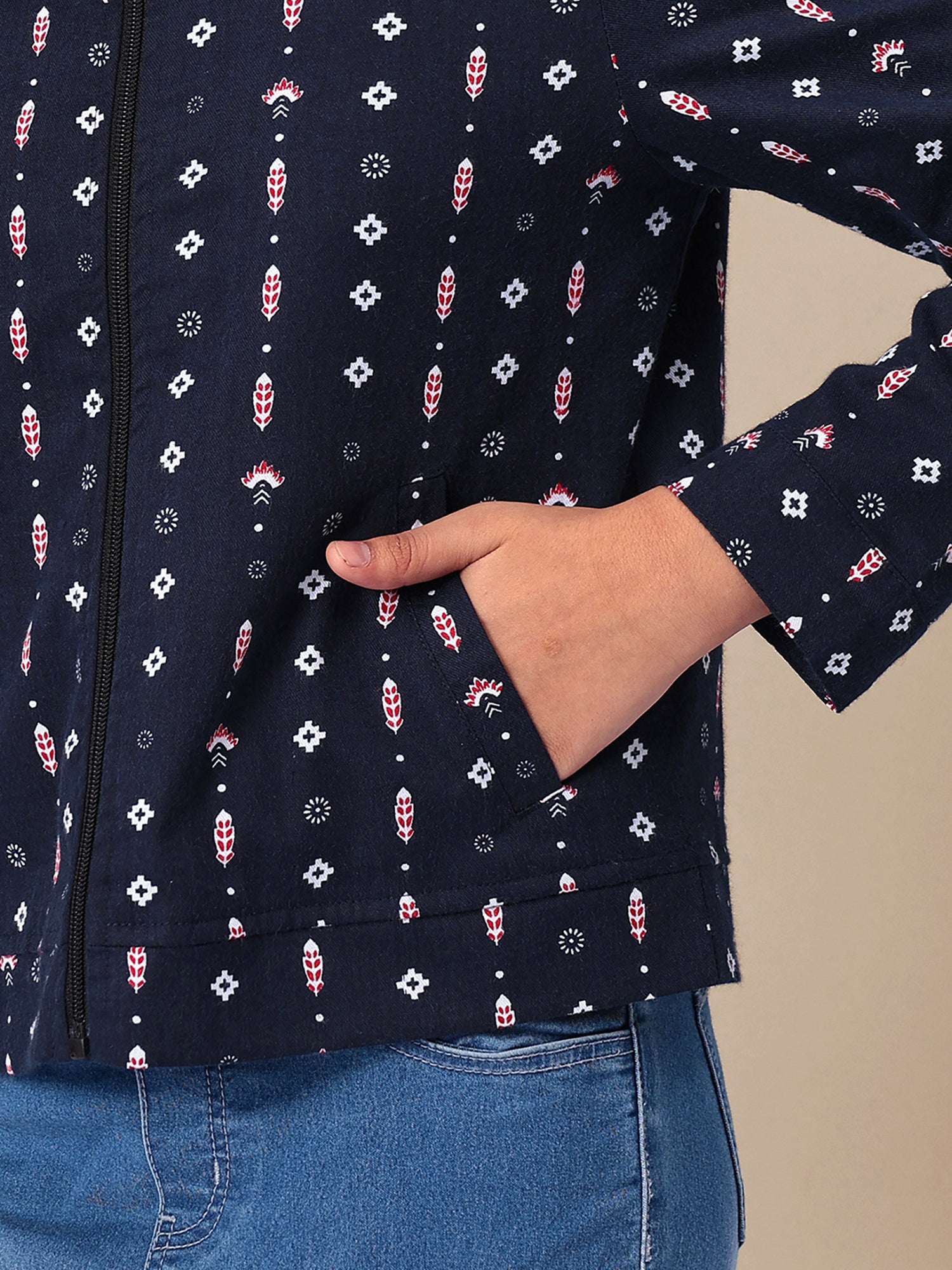 Girls Navy Blue Printed Flannel Jacket