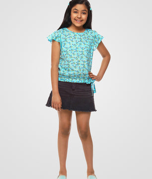 Girls Blue Printed Cotton Top