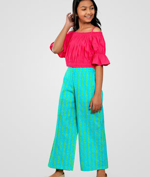 Girls Pink and Green Cotton Top & Palazzo Set