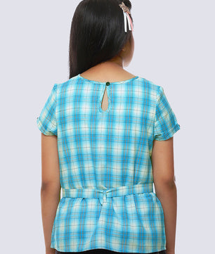 Girls Turquoise Blue Checked Cotton Top