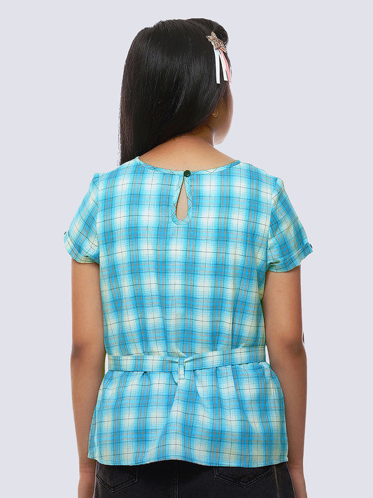 Girls Turquoise Blue Checked Cotton Top