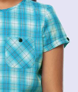 Girls Turquoise Blue Checked Cotton Top