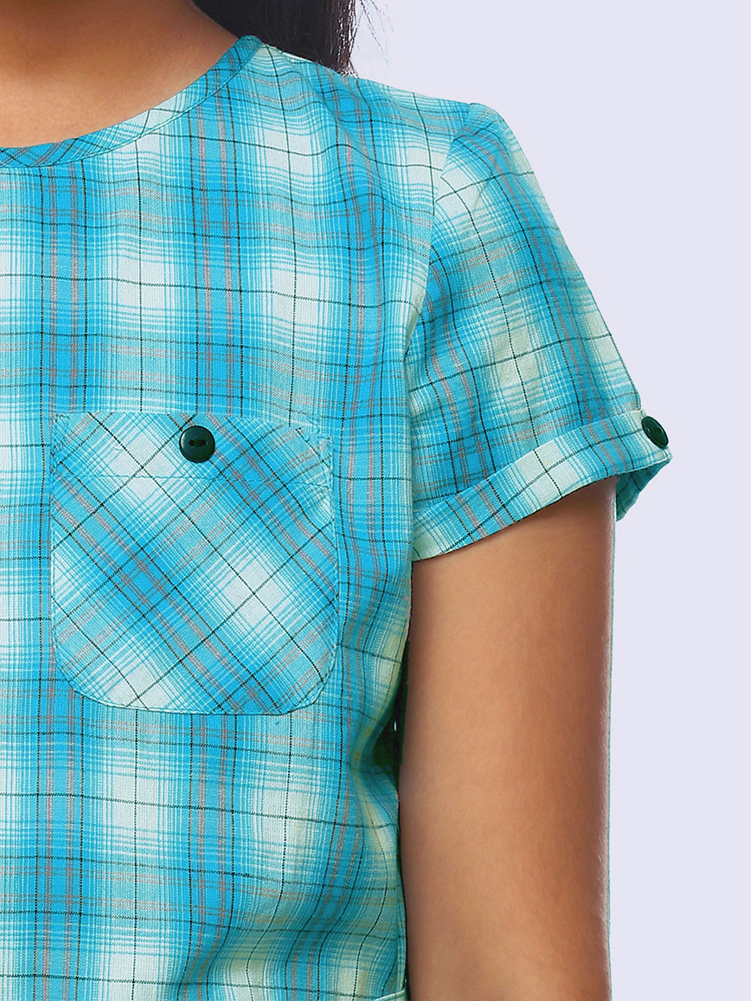 Girls Turquoise Blue Checked Cotton Top