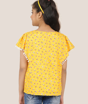 Girls Yellow Printed Cotton Top