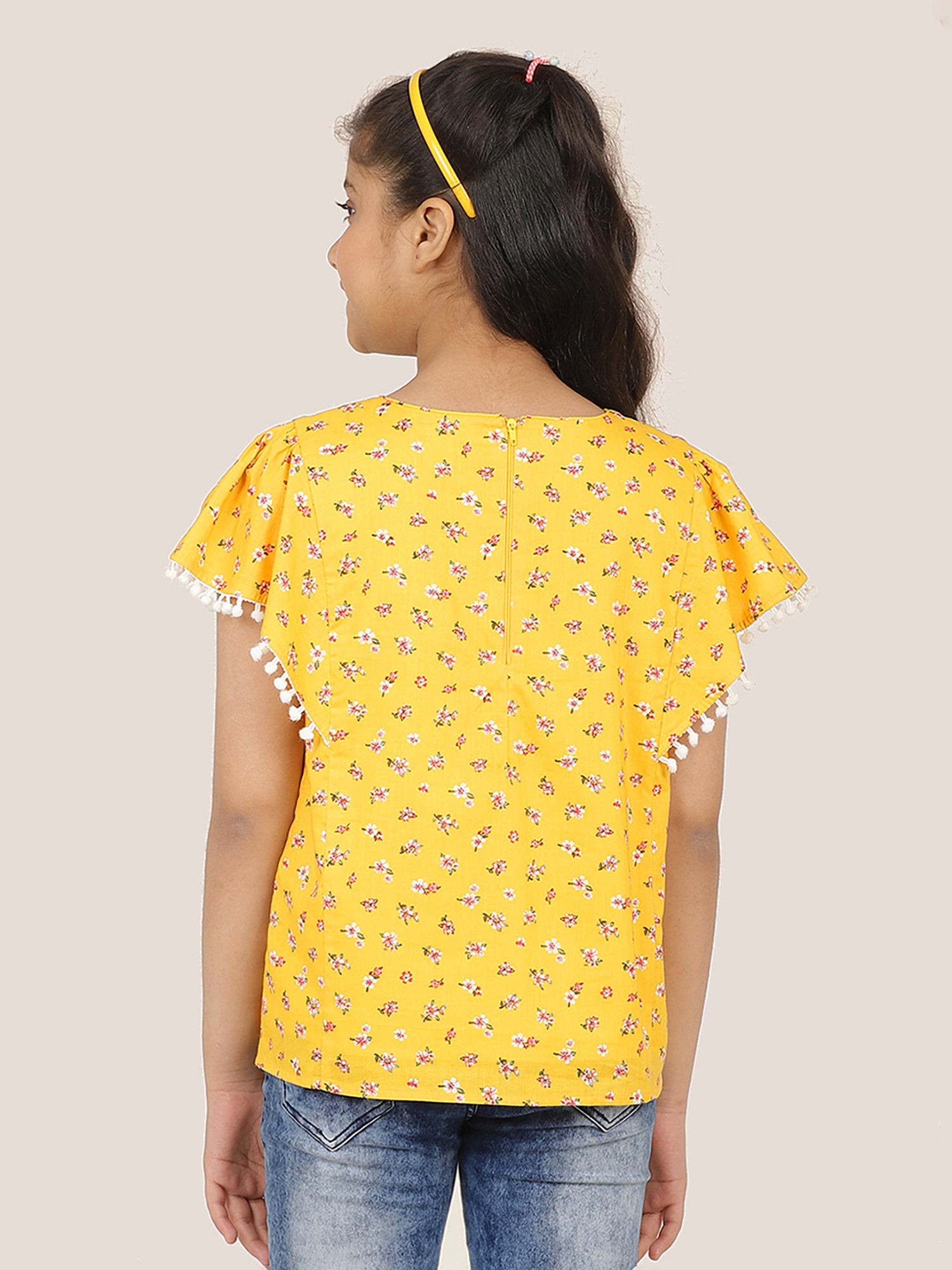 Girls Yellow Printed Cotton Top