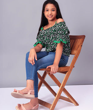 Girls Bardot Top in Green and Black Printed Rayon