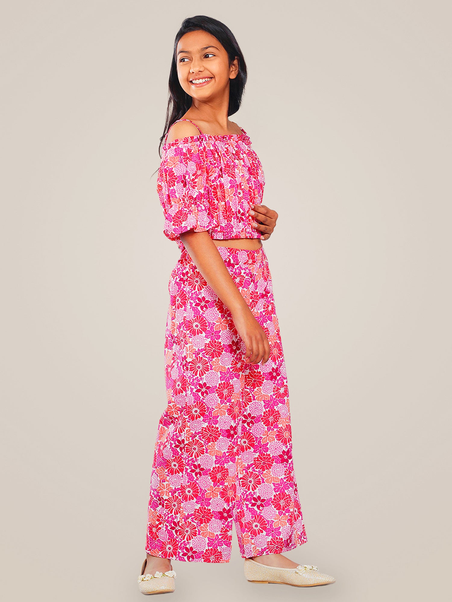 Girls Multicolored Printed Cotton Top and Palazzo Set