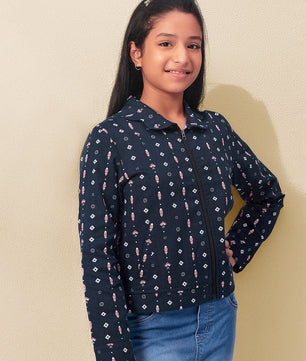 Girls Navy Blue Printed Flannel Jacket