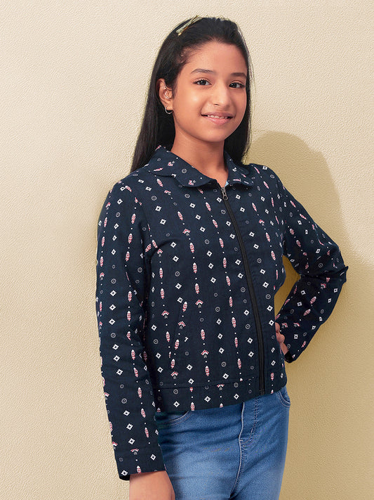 Girls Navy Blue Printed Flannel Jacket