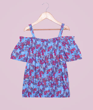 Girls Cold Shoulder Top in Blue Printed Rayon