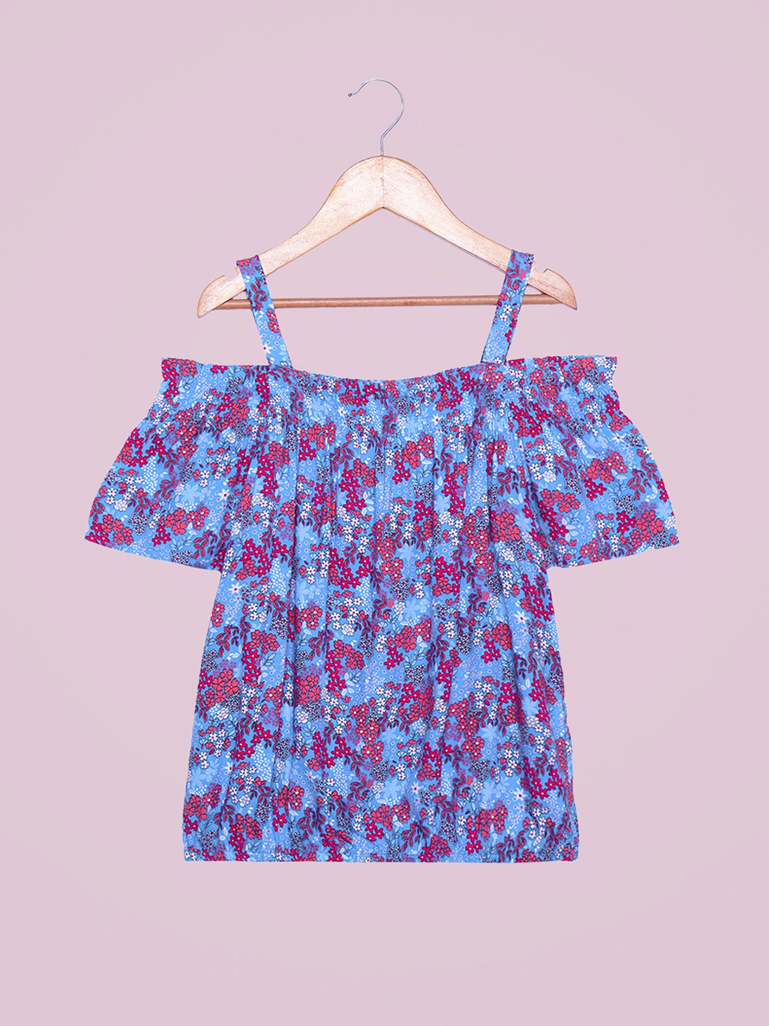 Girls Cold Shoulder Top in Blue Printed Rayon